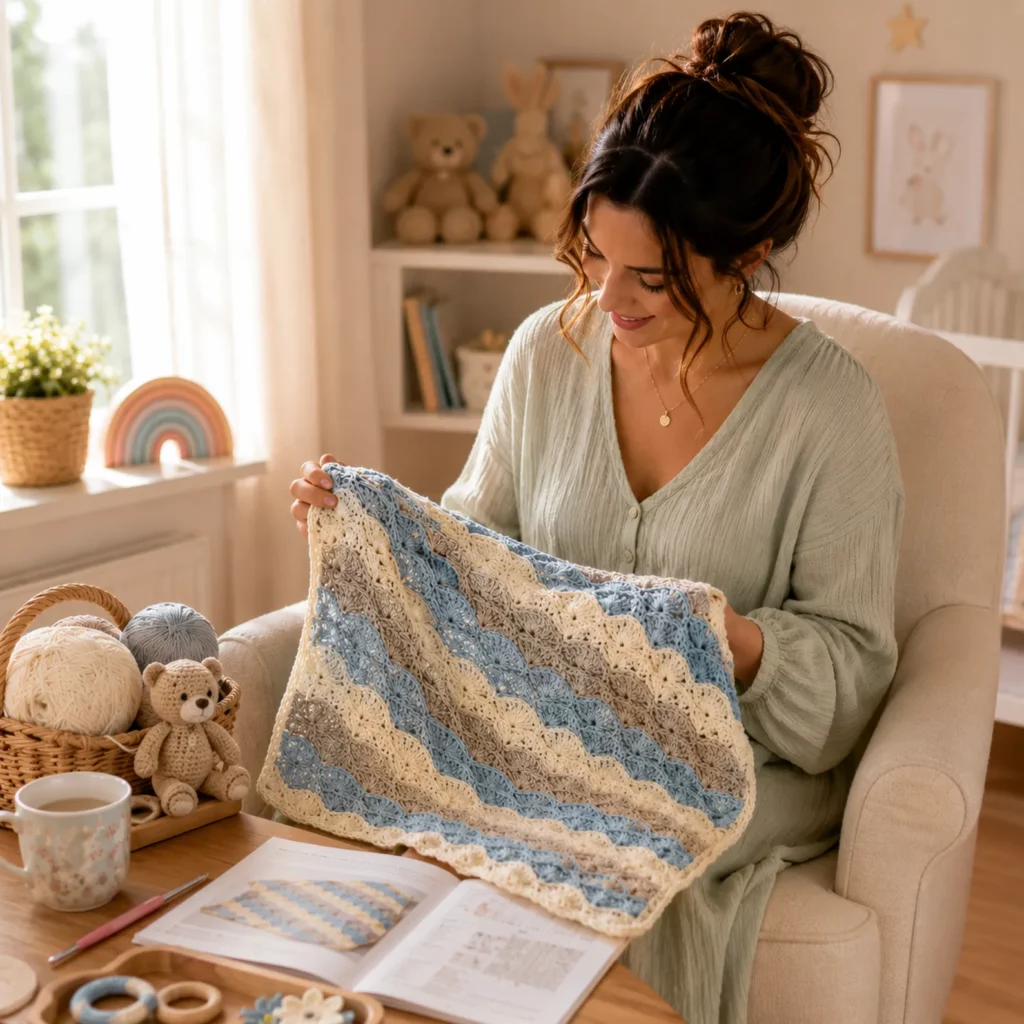 Wave Shell Baby Blanket Crochet Pattern (Free)- Cozy Ripple Stripes With Easy Fan Stitch Texture 2_result