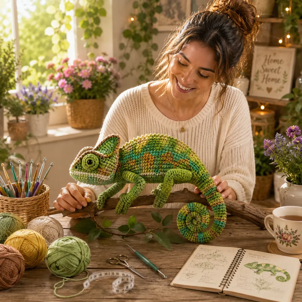 Chameleon Amigurumi Crochet Pattern With Curled Tail, Colorwork Spots, and Branch-Pose Legs 2_result