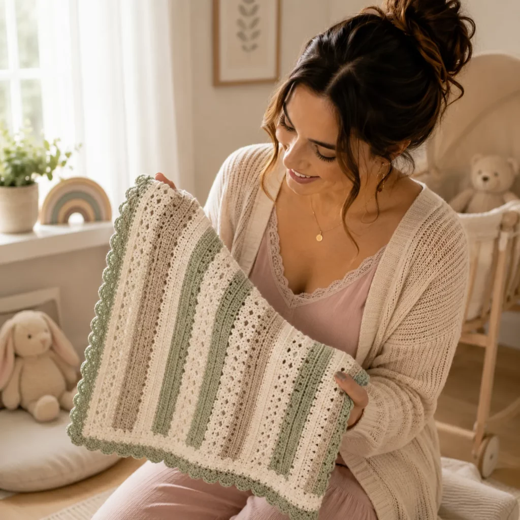 Striped Heirloom Baby Blanket Crochet Pattern (Free)- Easy Lace Panels + Scalloped Border for a Classic Nursery Look 2_result