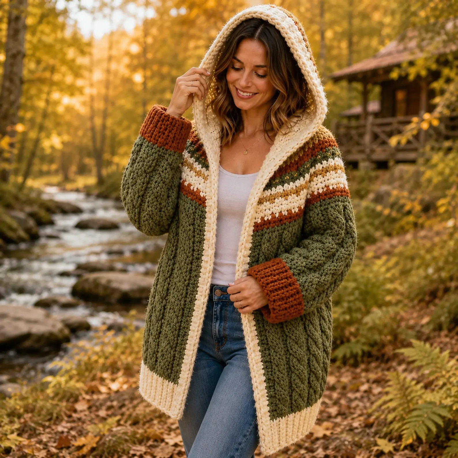 Chunky Hooded Cable Cardigan Crochet Pattern With Striped Yoke and Oversized Cozy Fit_result