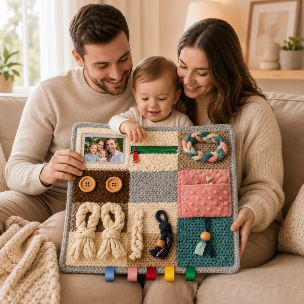 Crochet Sensory Busy Board Blanket Pattern (Free)- DIY Activity Lap Mat With Zipper, Buttons, Braids, and Texture Squares_result