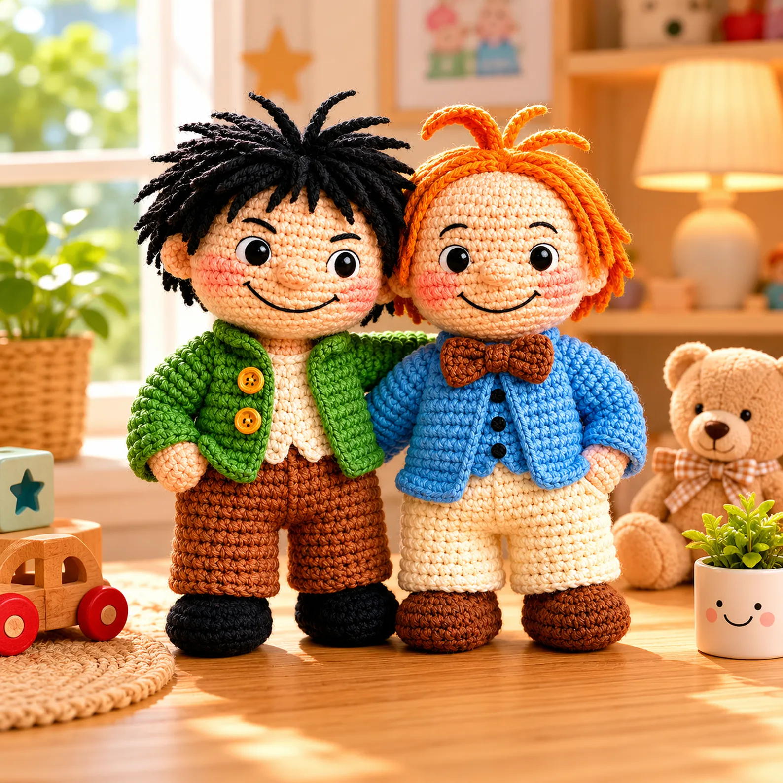 Crochet Pattern for Best Friend Amigurumi Dolls (Free)- Cute Matching Outfits With Cardigans, Bow Tie, and Yarn Hair 1_result