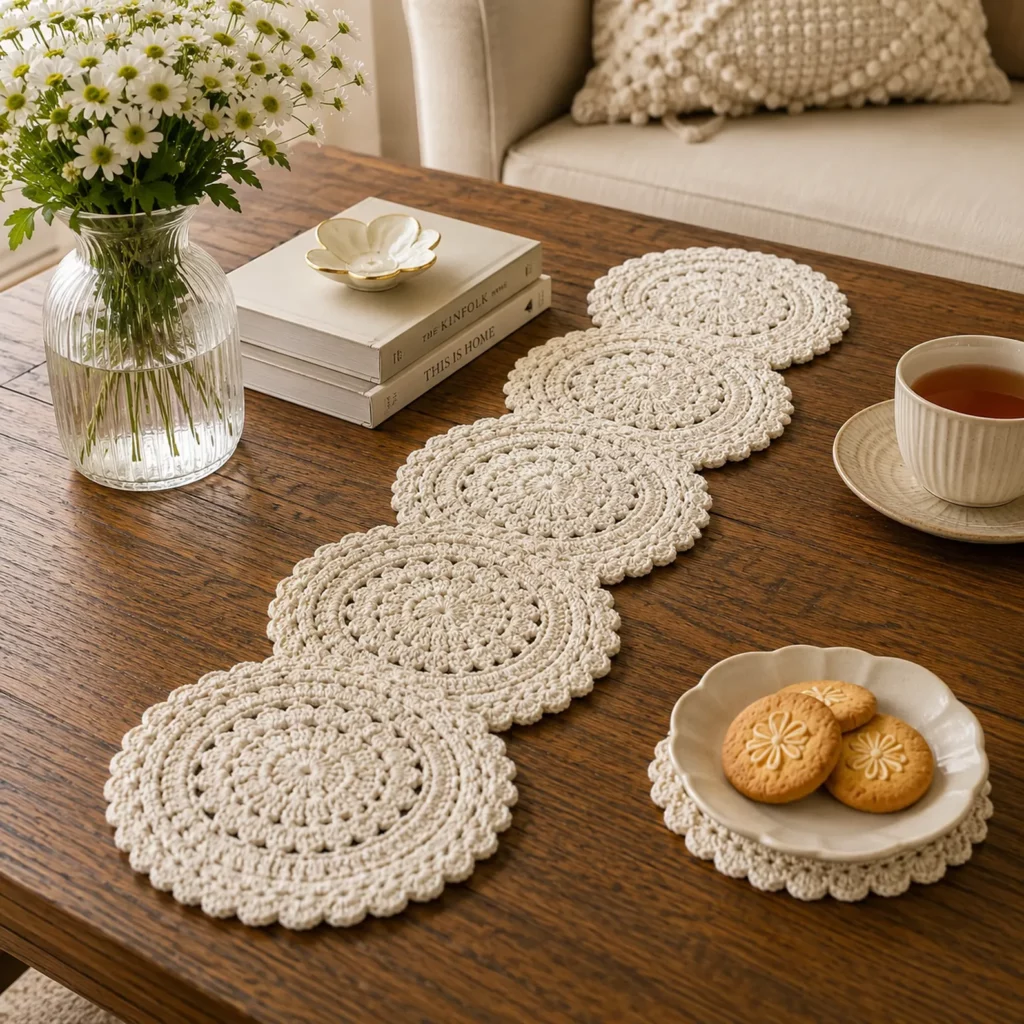 Elegant Round Medallion Table Runner Crochet Pattern (Free)- Connected Doily Circles With Scalloped Edge_result