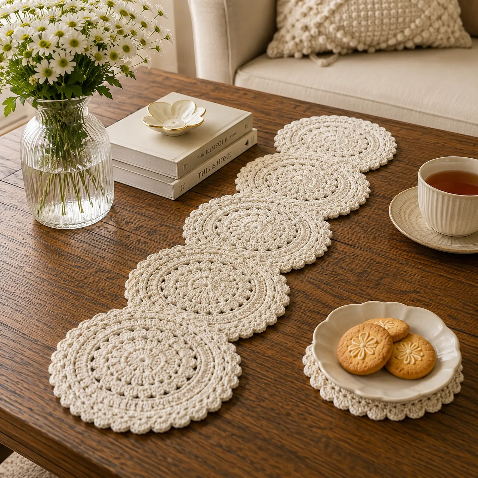Elegant Round Medallion Table Runner Crochet Pattern (Free): Connected Doily Circles With Scalloped Edge