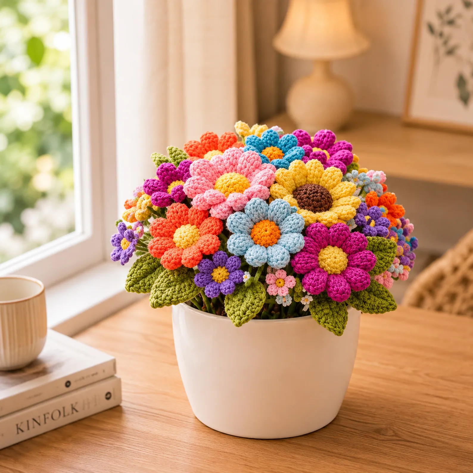 Colorful Crochet Flower Bouquet Crochet Pattern (Free): Easy 3D Blooms and Leaves for a Cheerful Pot Arrangement