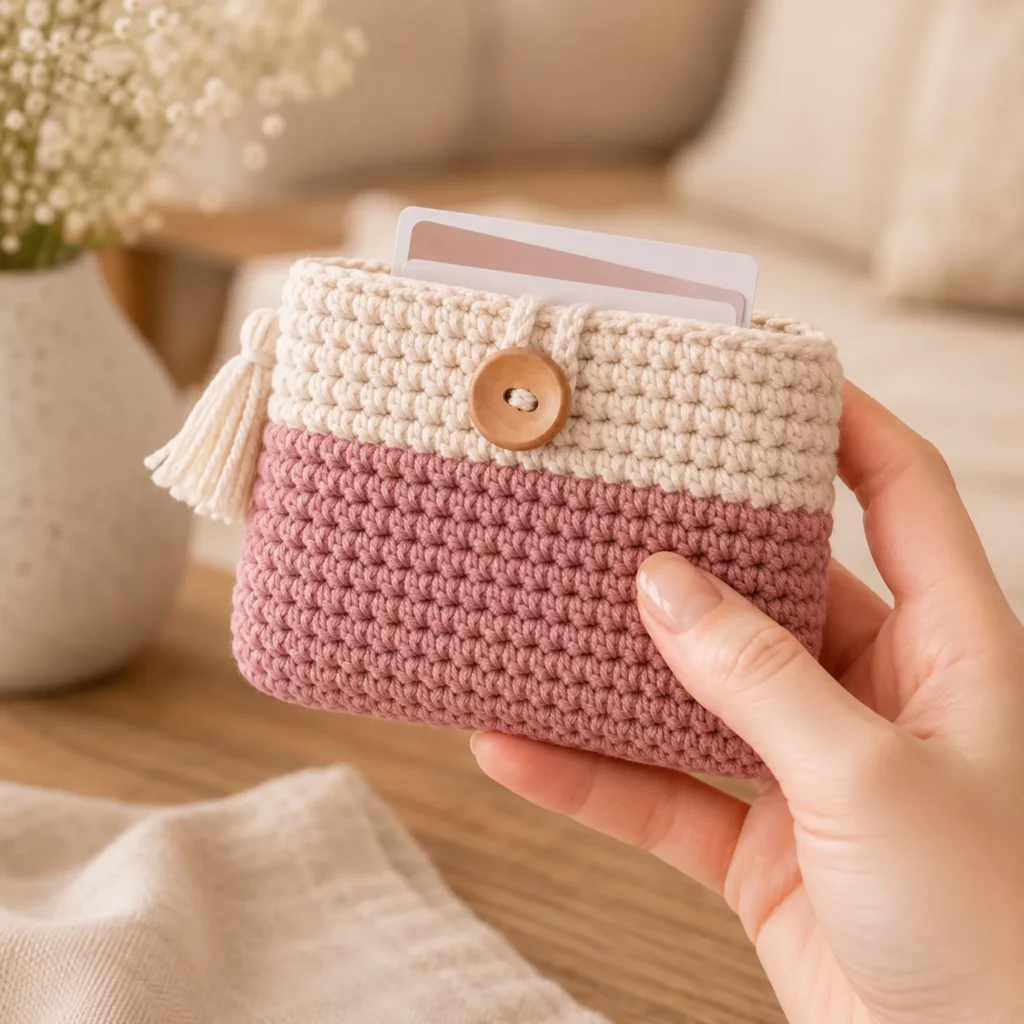 Easy Crochet Pattern for a Color Block Mini Wallet With Button Loop and Tassel_result