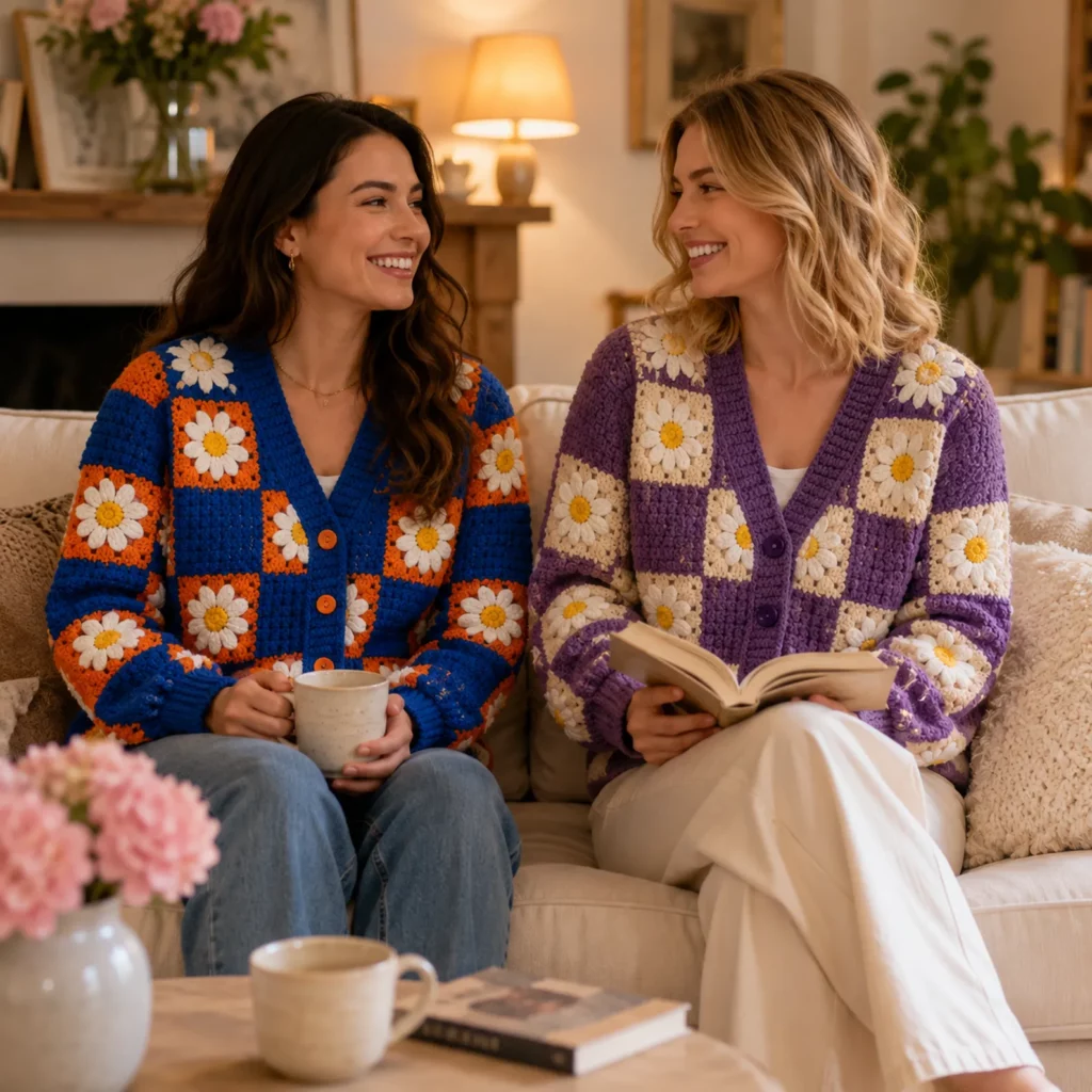 Daisy Granny Square Cardigan Crochet Pattern (Free)- A Bold Retro Patchwork Sweater With Ribbed Edges and Buttons_result