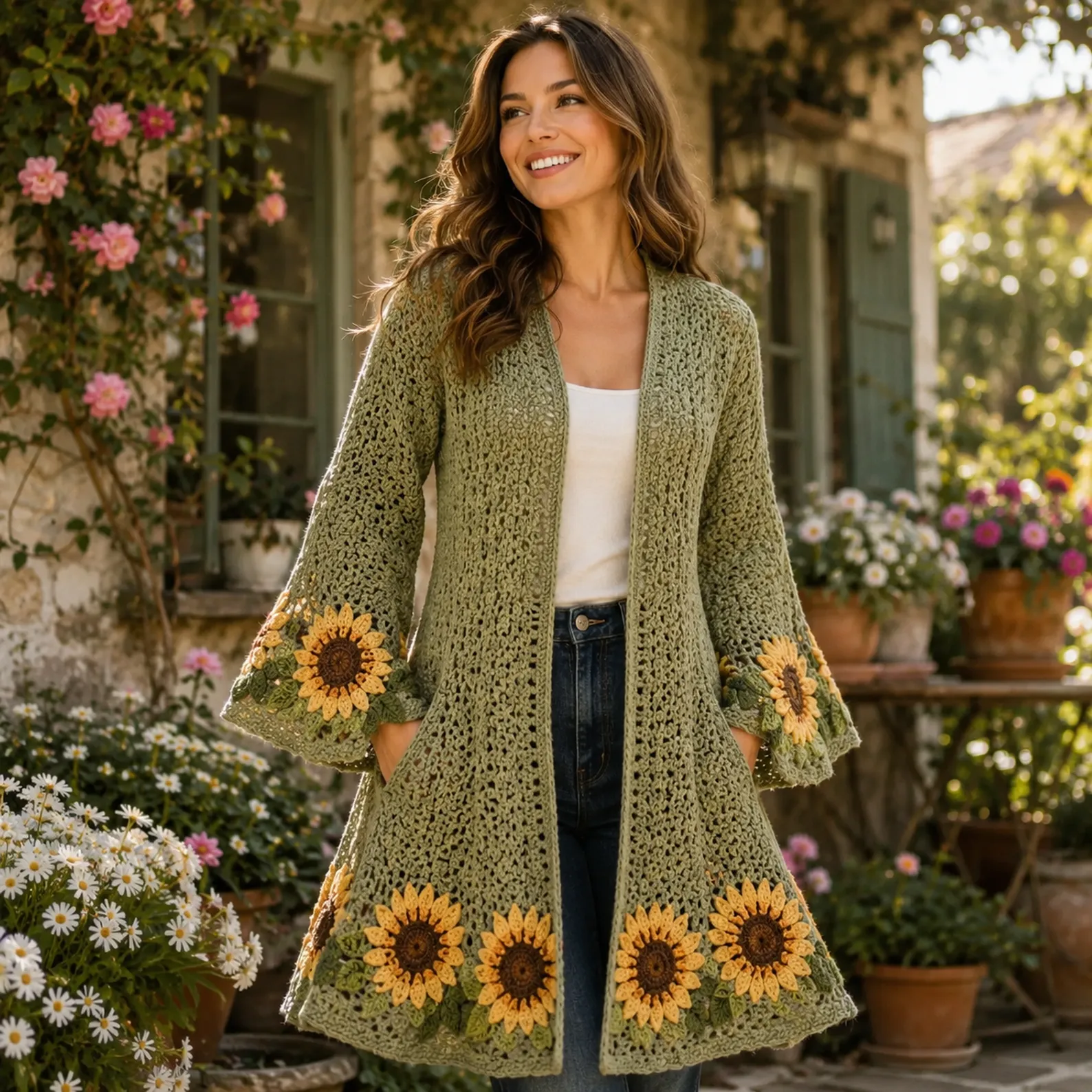 Sunflower Duster Cardigan Crochet Pattern (Free): A Dramatic Long Coat With Bell Sleeves and Bold Floral Borders