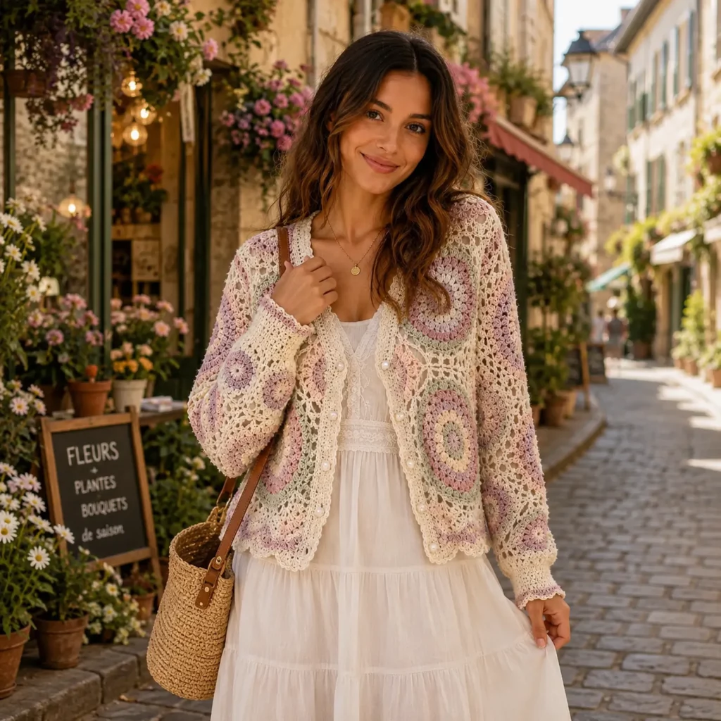 Mandala Lace Cardigan Crochet Pattern With Granny Square Motifs and Scalloped Hem_result