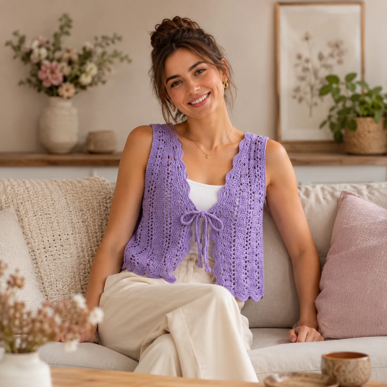 Lacy Tie-Front Crochet Vest Pattern (Free)- A Sweet Beginner-Friendly Sleeveless Cardigan With Scalloped Hem_result