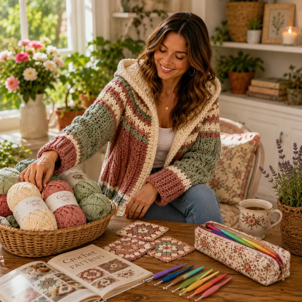 Chunky Hooded Cable Cardigan Crochet Pattern With Striped Yoke and Oversized Cozy Fit 1_result
