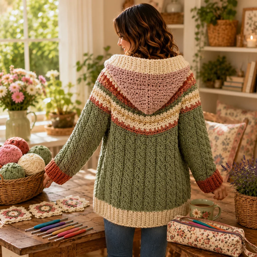 Chunky Hooded Cable Cardigan Crochet Pattern With Striped Yoke and Oversized Cozy Fit 2_result