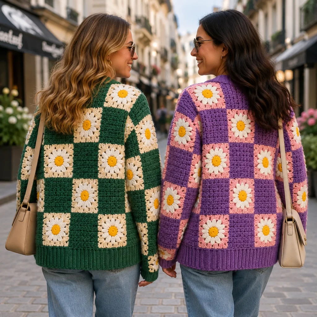 Daisy Granny Square Cardigan Crochet Pattern (Free)- A Bold Retro Patchwork Sweater With Ribbed Edges and Buttons 3_result