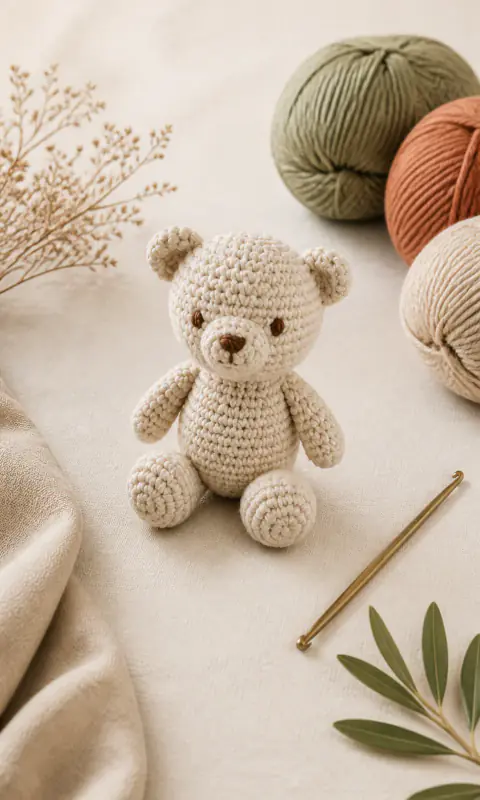 A handmade crochet amigurumi teddy bear arranged with yarn and a brass crochet hook.