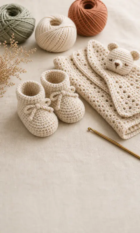 Tiny crochet baby booties and a soft crochet baby lovey arranged with yarn.