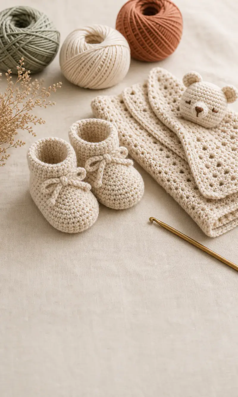 Tiny crochet baby booties and a soft crochet baby lovey arranged with yarn.