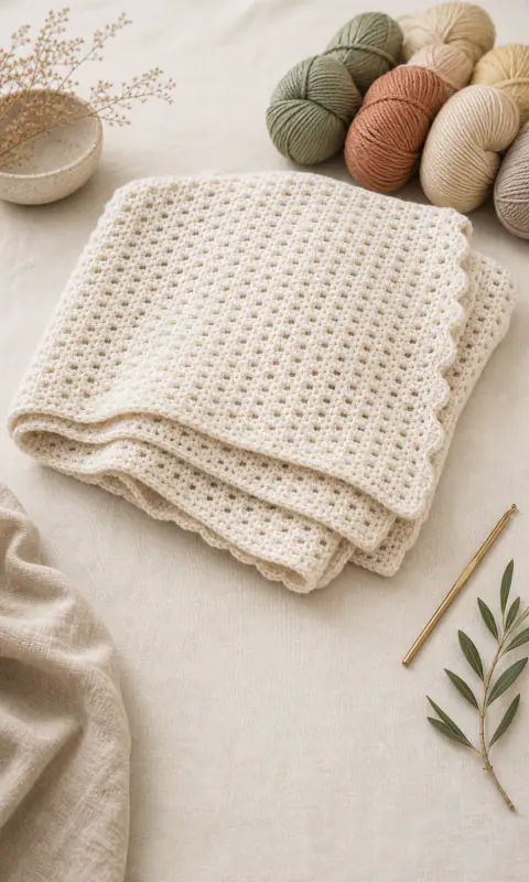 A folded handmade crochet blanket showing soft stitch texture and scalloped edges.