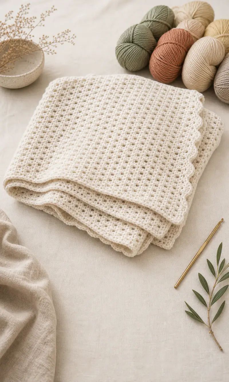 A folded handmade crochet blanket showing soft stitch texture and scalloped edges.