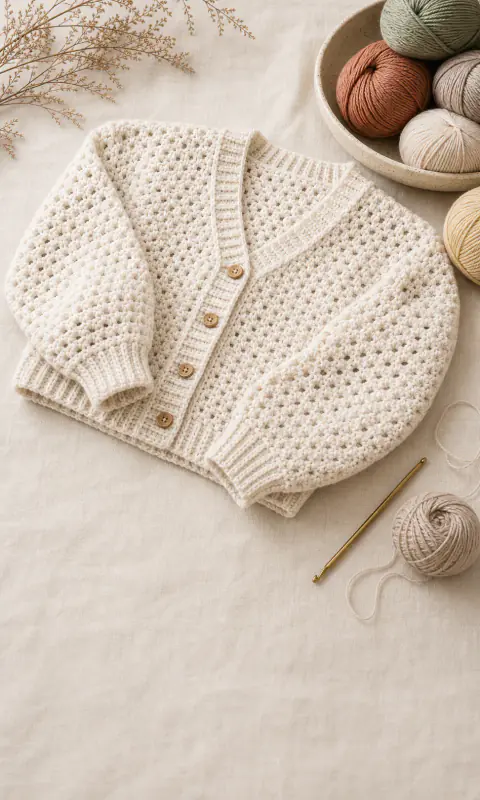 A handmade crochet cardigan folded open to show its front opening and ribbed trim.