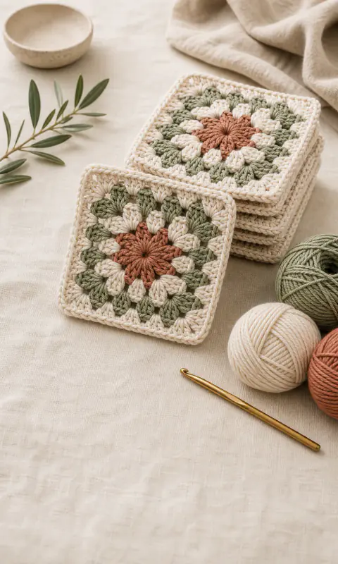 Stacked crochet granny squares with a classic floral square motif and yarn nearby.