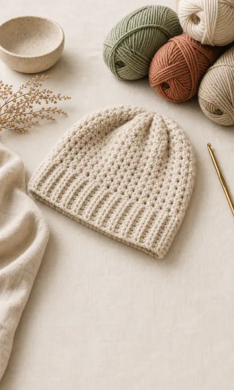 A ribbed handmade crochet beanie hat arranged in a calm studio still life.