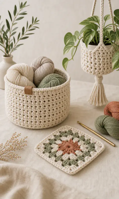 Crochet home decor pieces including a basket, plant hanger, coaster, yarn, and hook.
