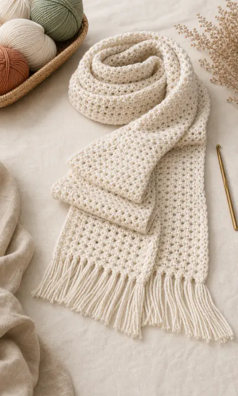 A long handmade crochet scarf folded in soft layers with fringe and visible stitch texture.