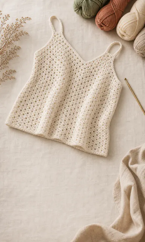 A handmade crochet summer top laid flat with yarn and crochet tools.