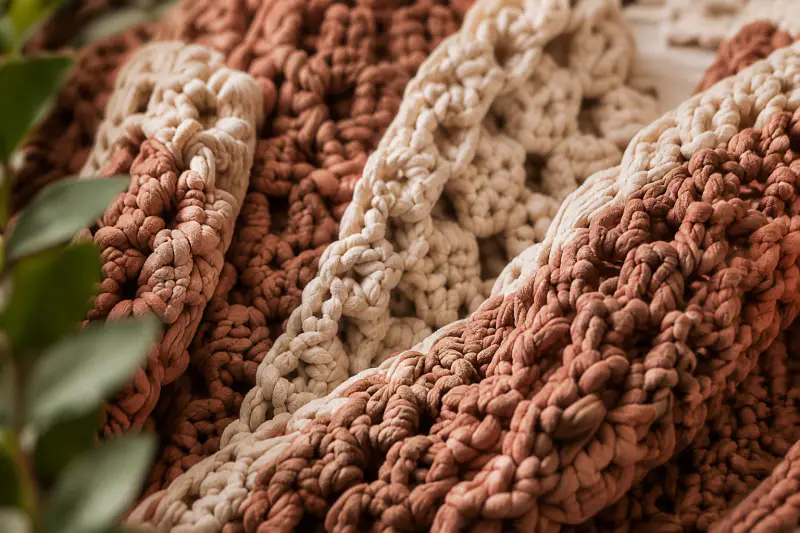 Layered cream and terracotta crochet stitches beside soft green leaves