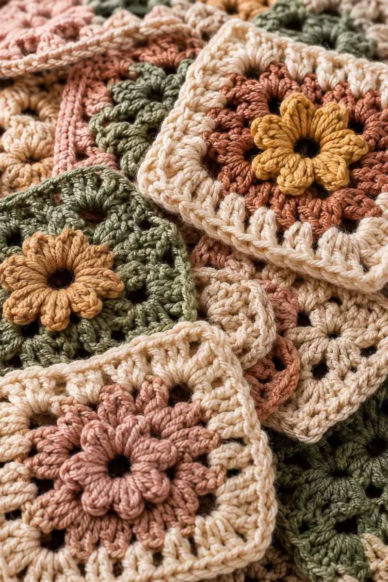 Layered cream, terracotta, mustard, and sage crochet floral motifs