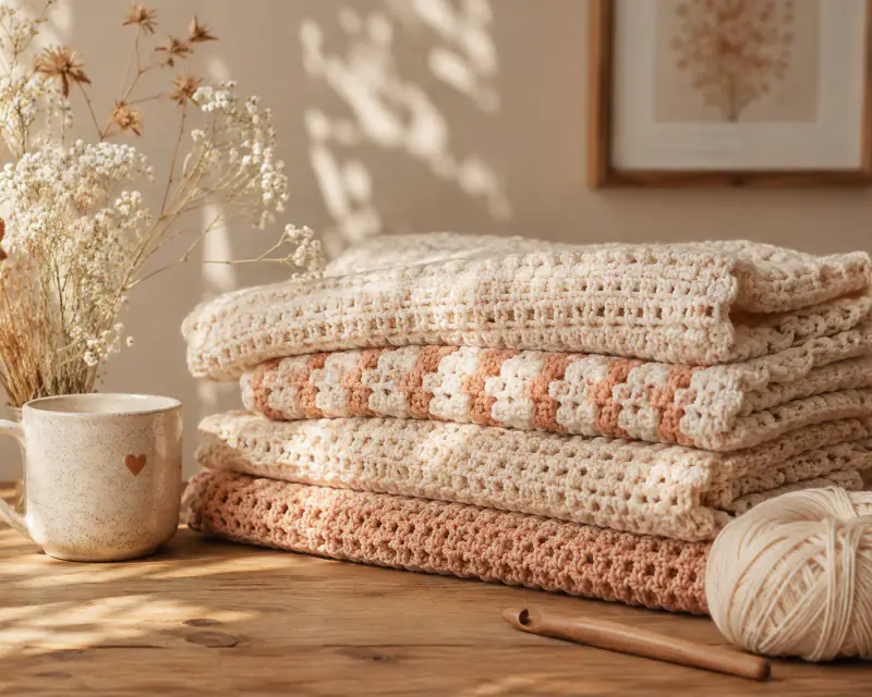 Folded cream and peach crochet blankets beside a ceramic mug, flowers, yarn, and a crochet hook.