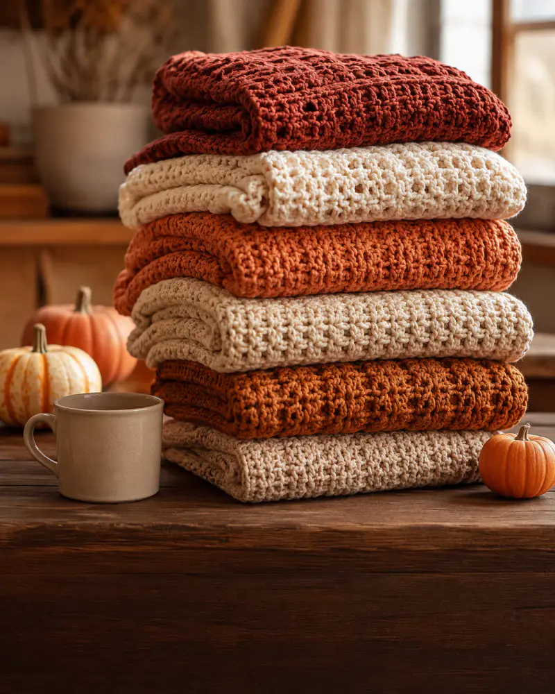 Fall crochet projects arranged in a warm seasonal handmade setting.