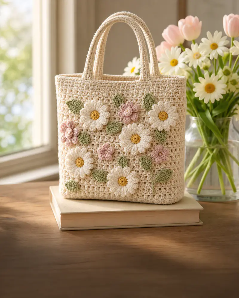 Spring crochet projects arranged in a warm seasonal handmade setting.