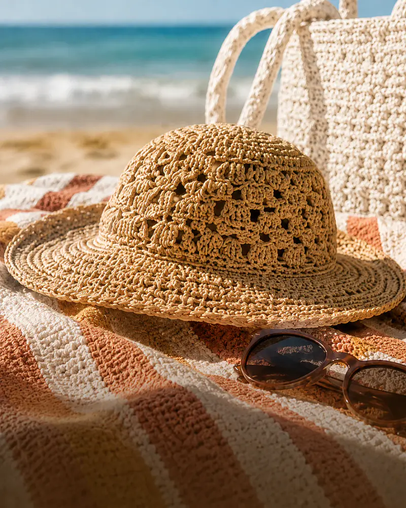 Summer crochet projects arranged in a warm seasonal handmade setting.