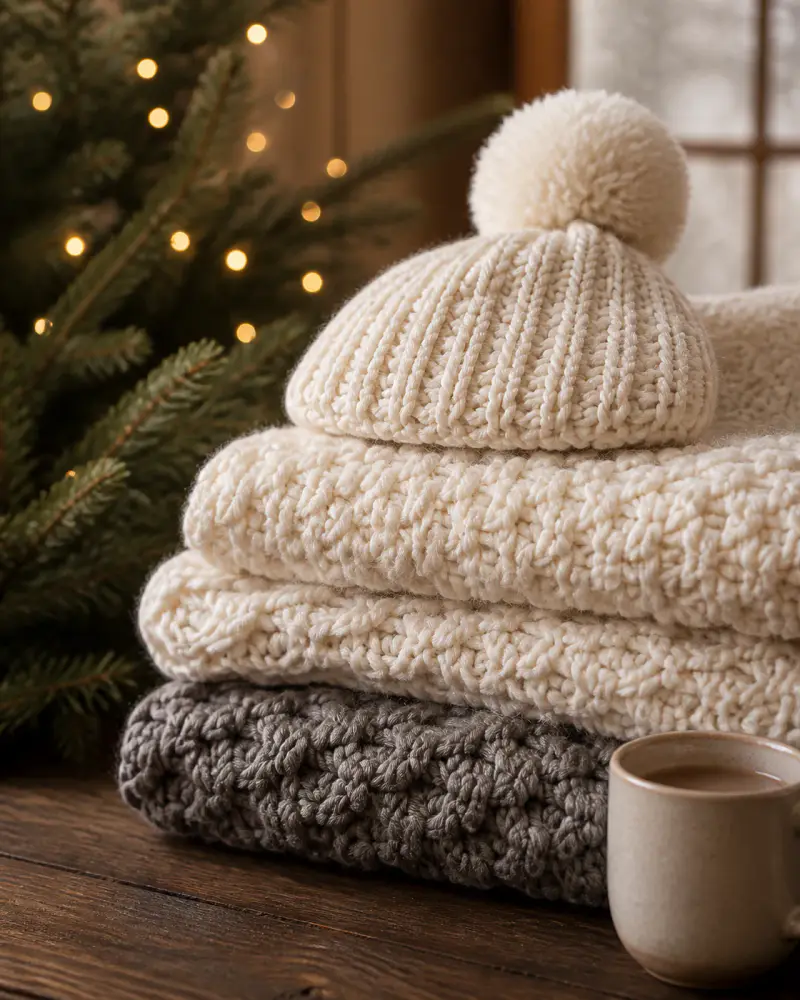 Winter crochet projects arranged in a warm seasonal handmade setting.