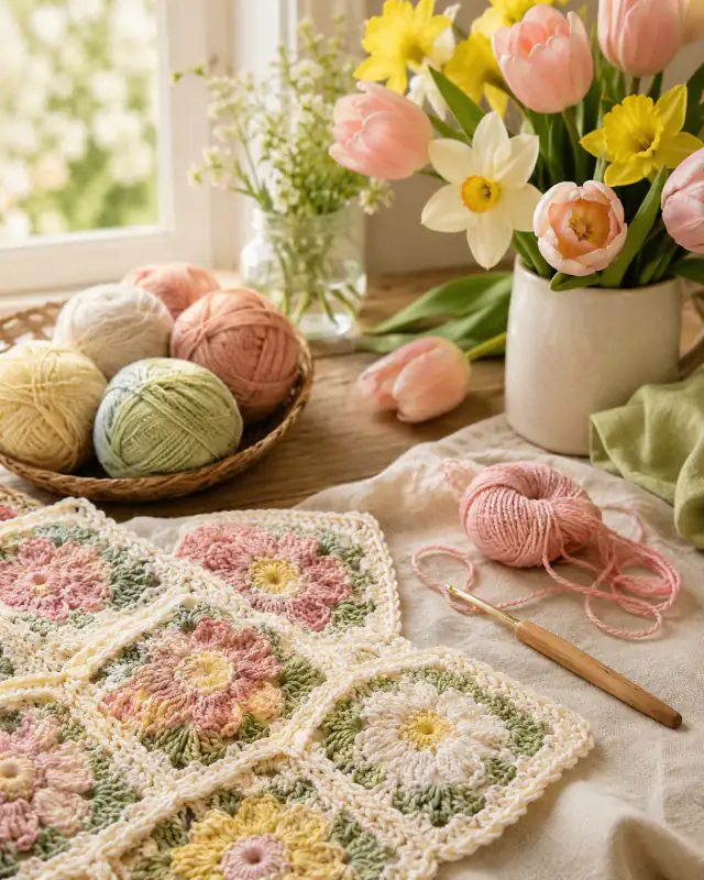 A real-life spring crochet scene with fresh seasonal color and handmade stitch texture.