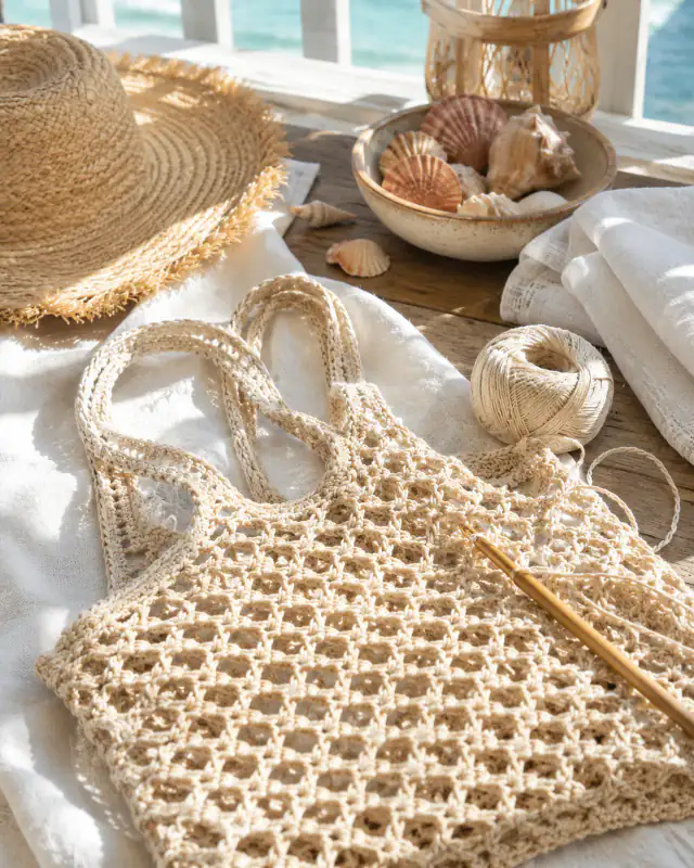 A real-life summer crochet scene with lightweight warm-weather yarn and handmade texture.