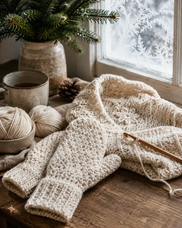 A real-life winter crochet scene with cozy yarn and handmade stitch texture.