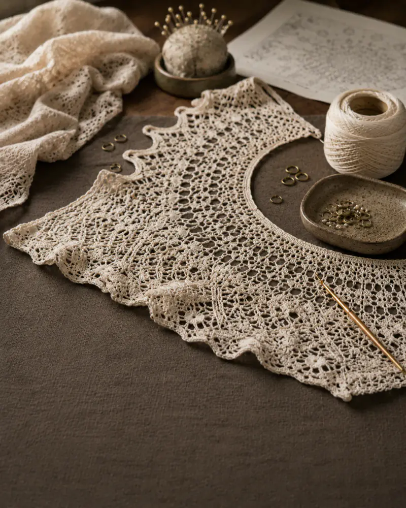 A crochet setup with intricate stitch texture, fine yarn, and tools.