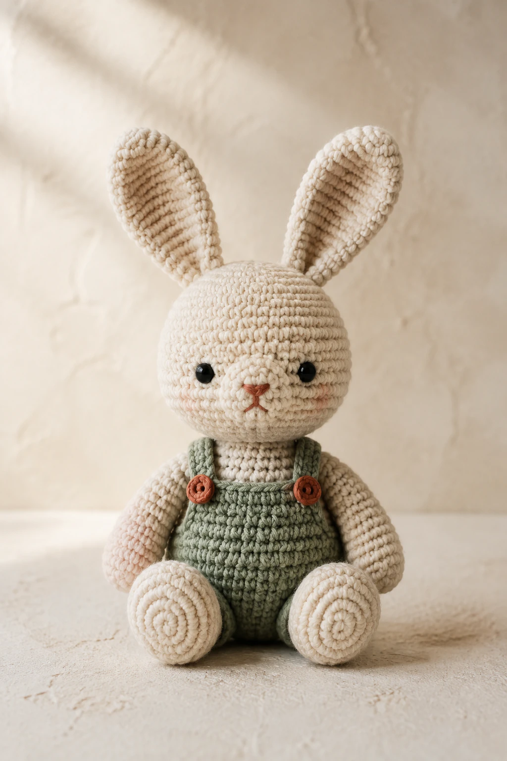 A handmade crochet rabbit in muted sage overalls on a warm ivory studio backdrop.