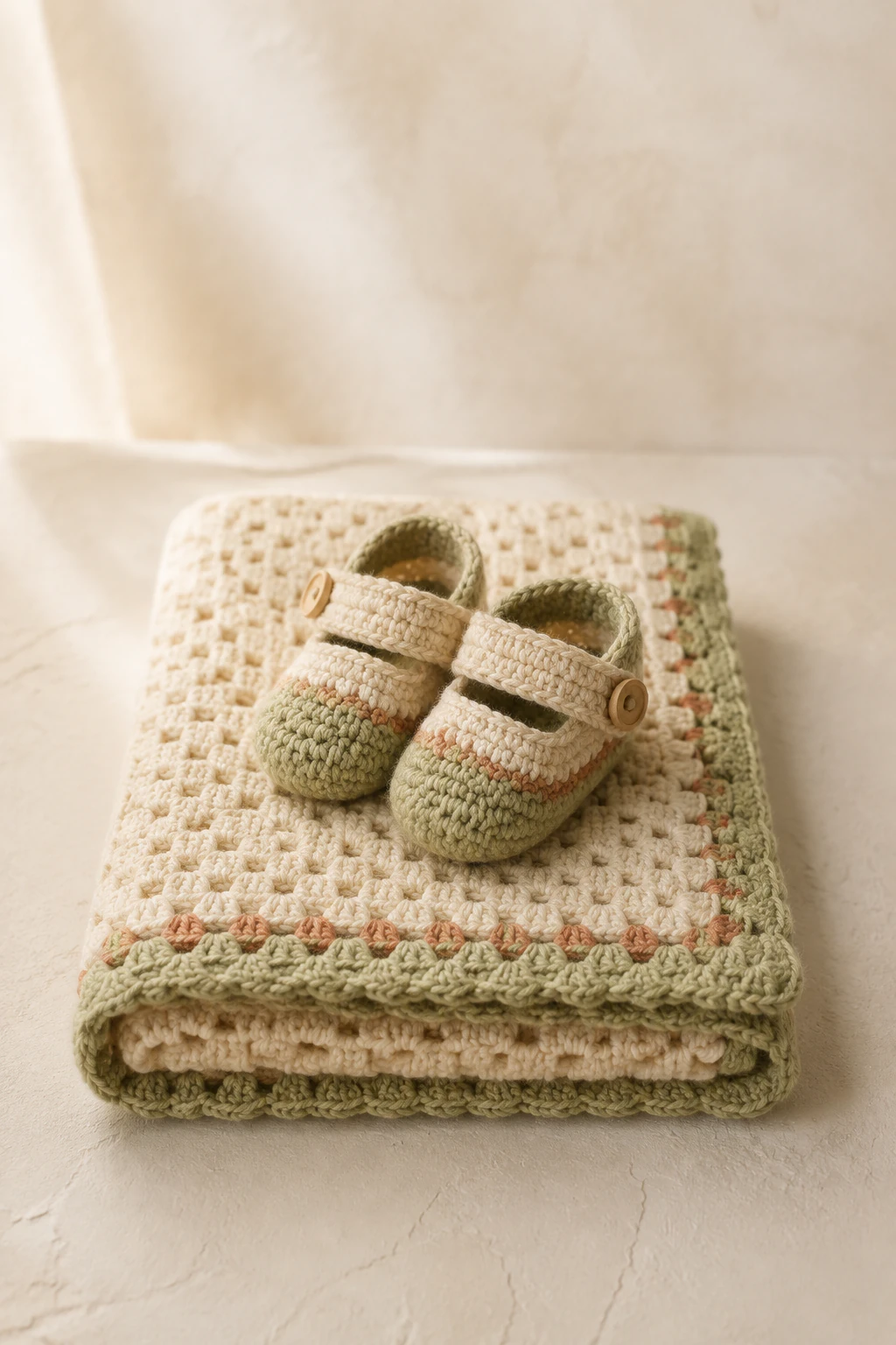 Crochet baby booties resting on a folded cream and sage crochet blanket.