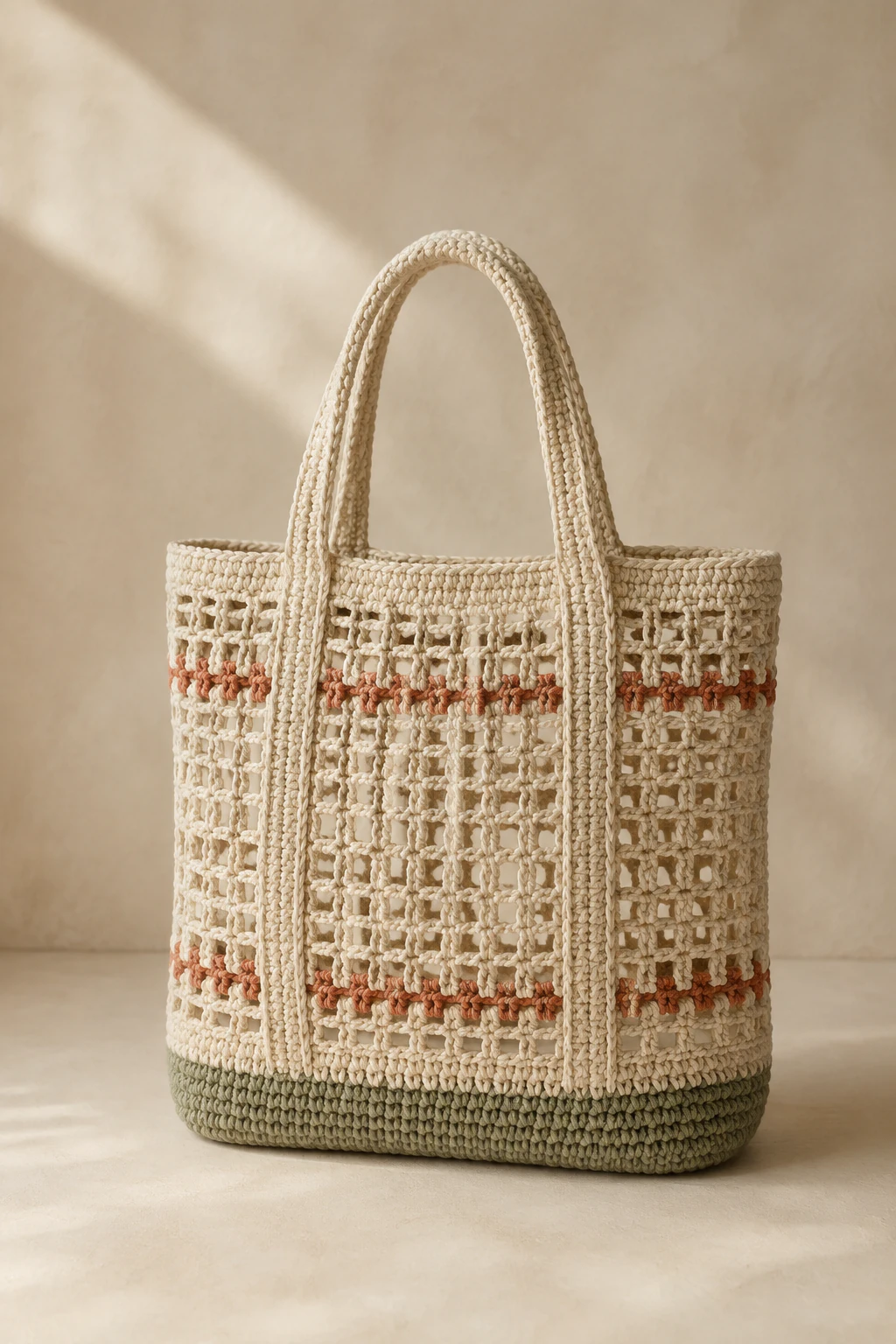 A structured cream crochet market tote with sage and terracotta details.