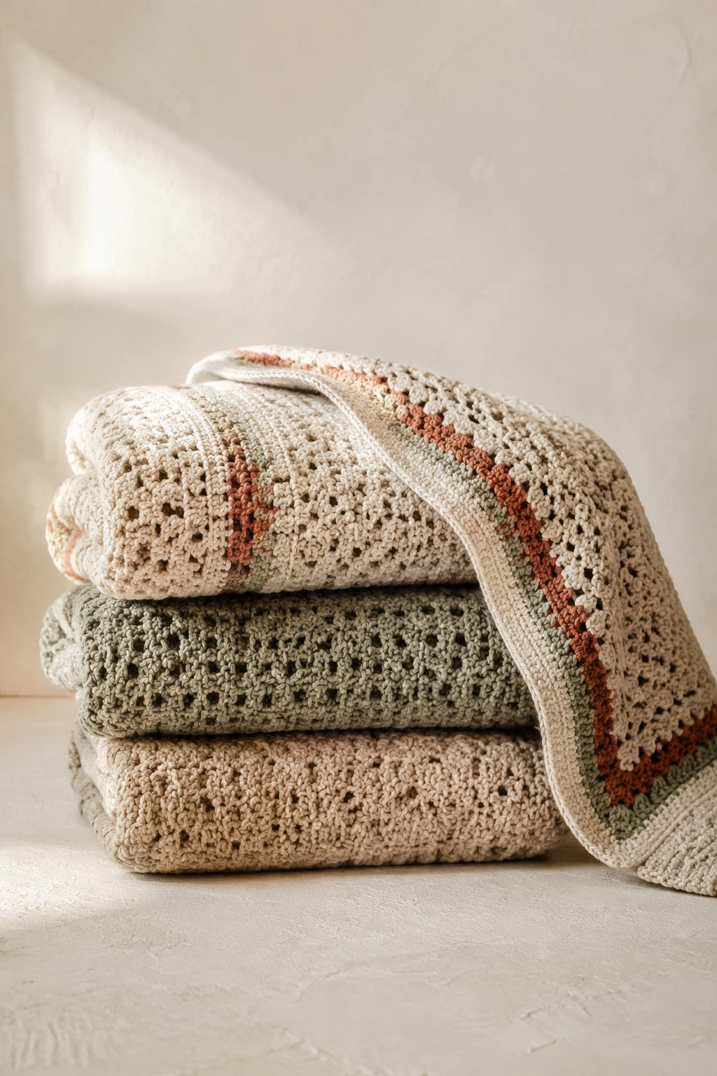 A stack of textured crochet blankets in cream, sage, and terracotta.