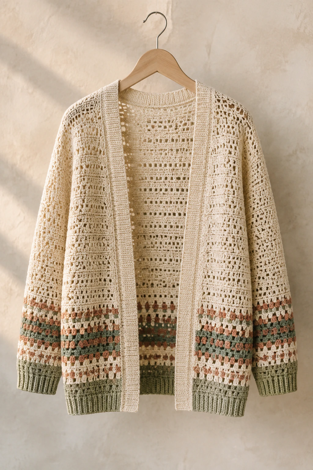 An open-front cream crochet cardigan with sage and terracotta bands on a wooden hanger.