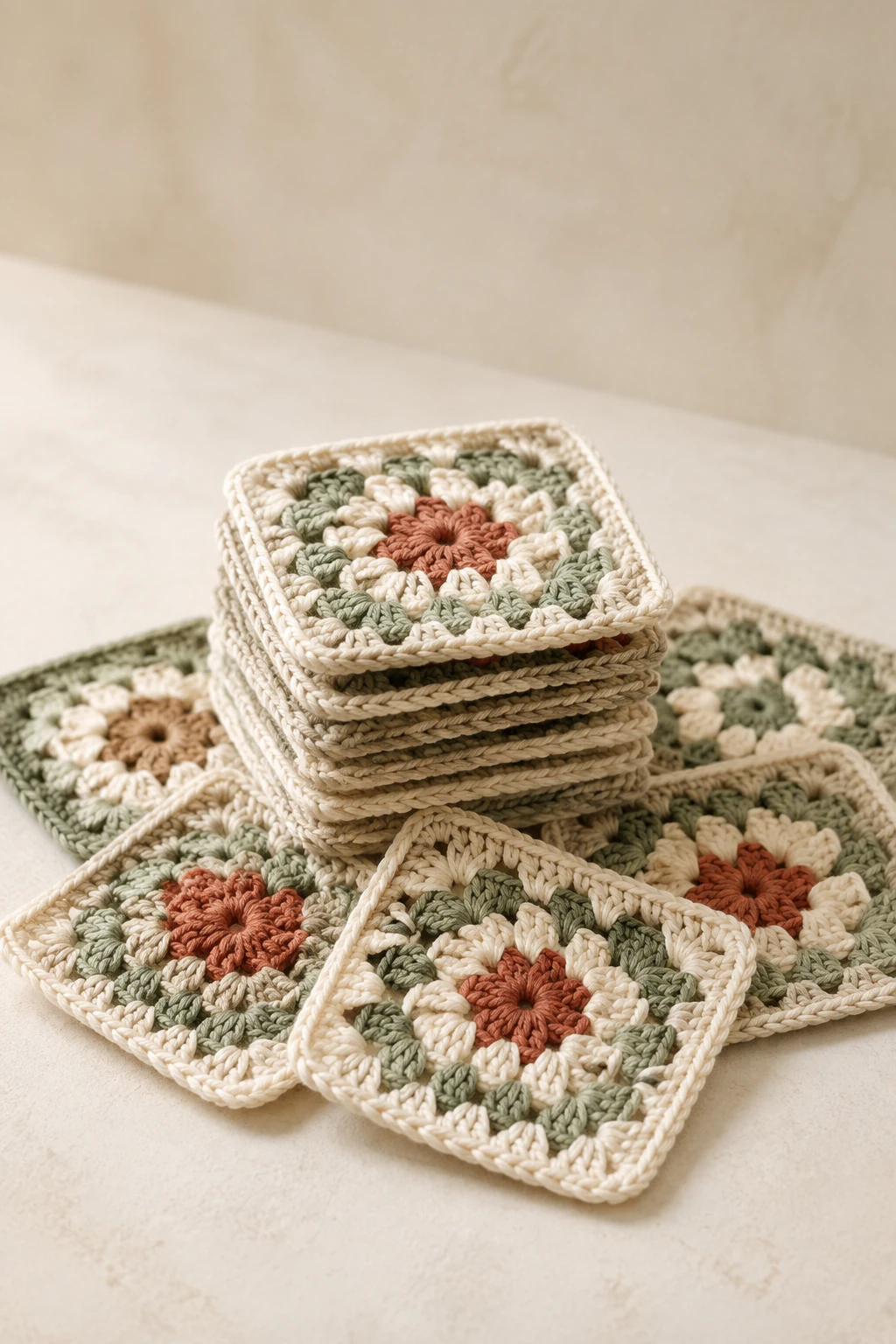 A studio arrangement of cream, sage, and terracotta crochet granny squares.