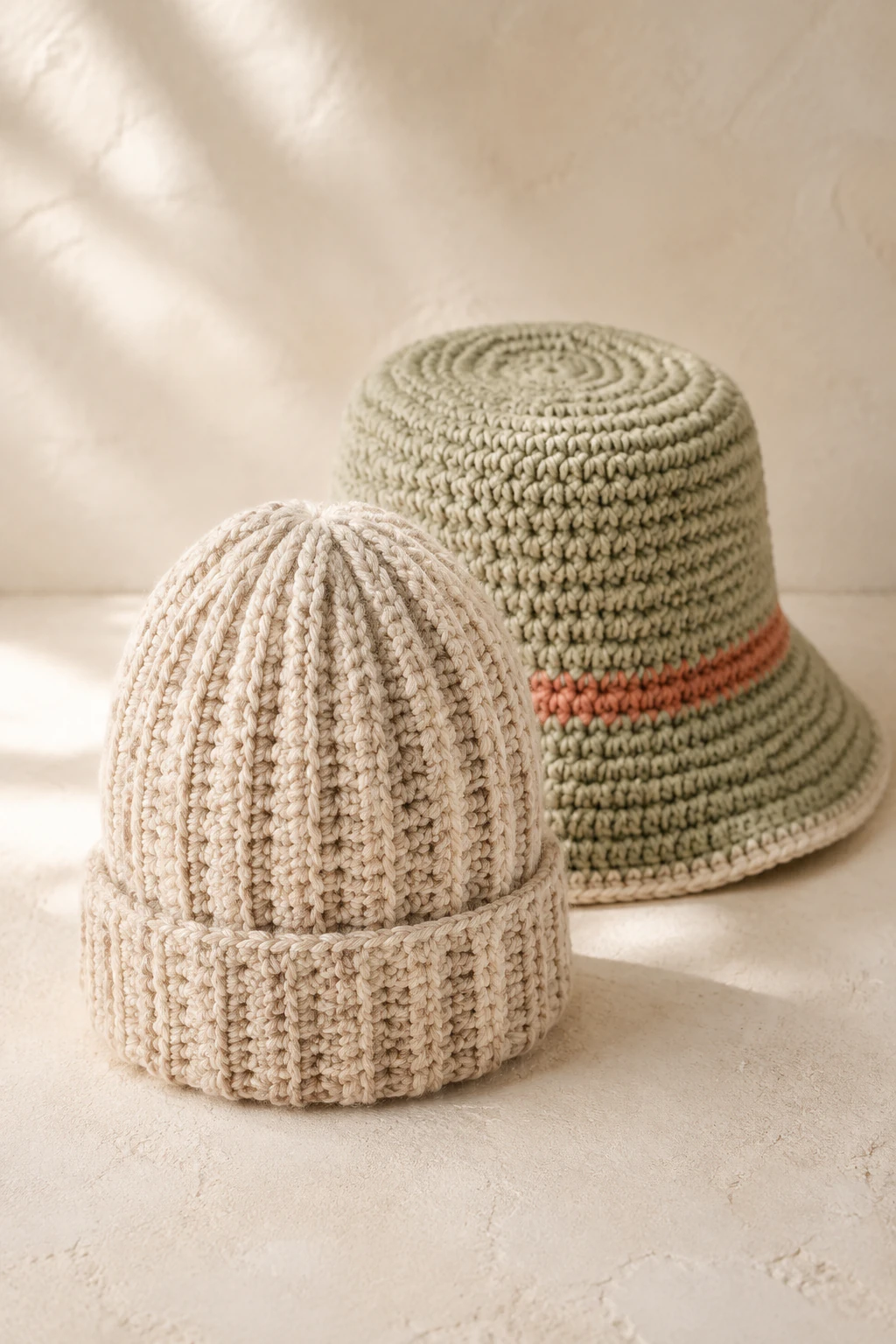 A ribbed cream crochet beanie beside a sage crochet bucket hat.