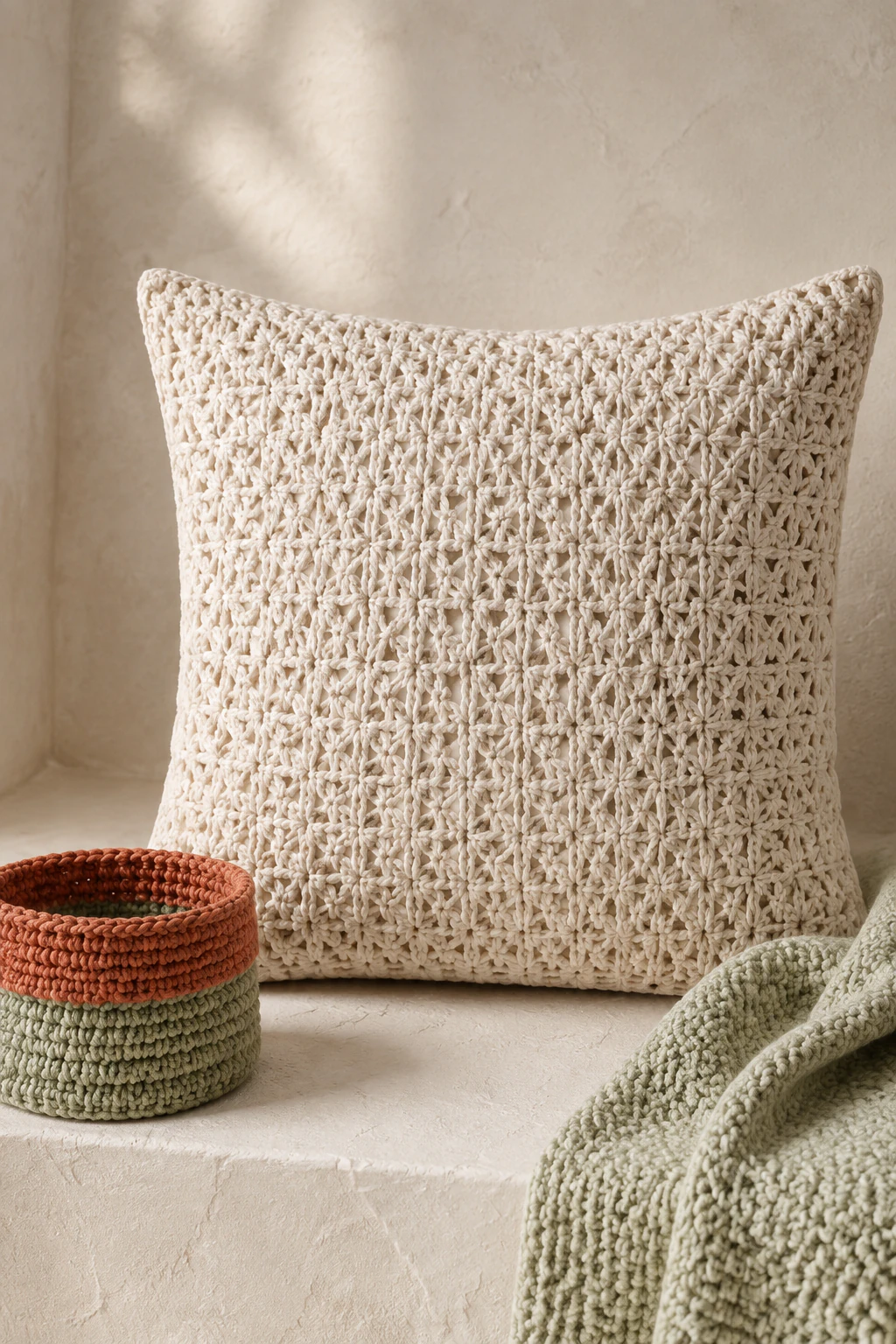 A cream crochet cushion styled with a small basket and soft sage throw.