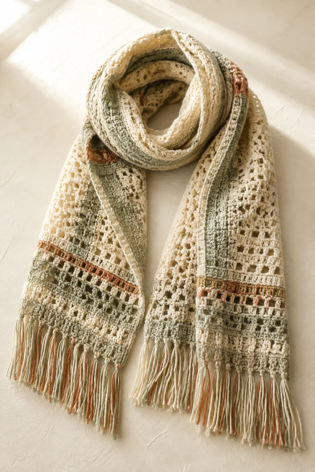 A long lace crochet scarf in cream, sage, and terracotta with tidy fringe.