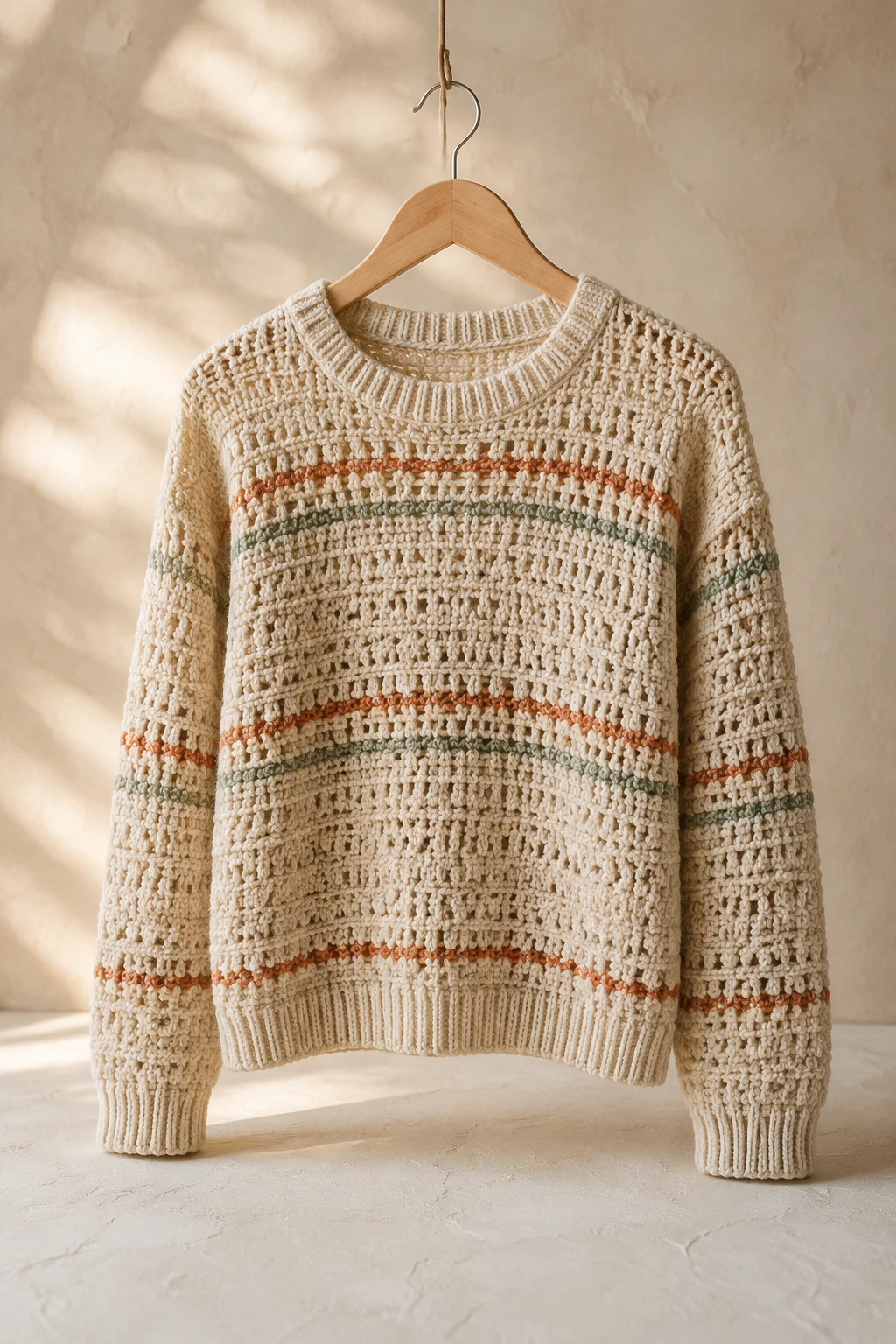 A cream crochet pullover with restrained sage and terracotta stripes.