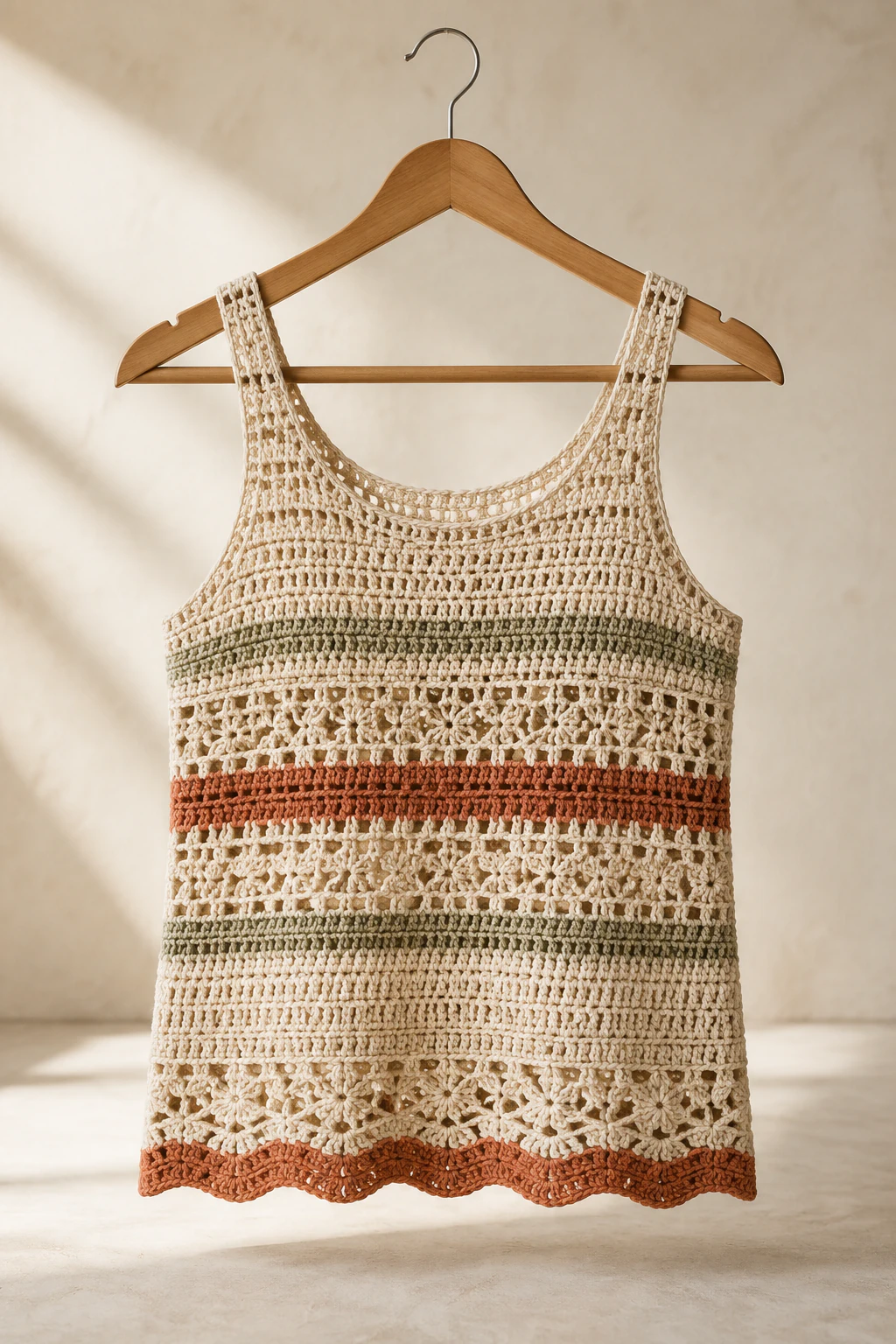 A sleeveless cream crochet top with sage and terracotta openwork details.